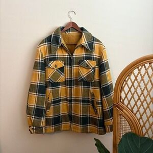 VTG 50's 60's Talon Zipper Fleece Lined Plaid Wool Zip Up Flannel Shirt Jacket L